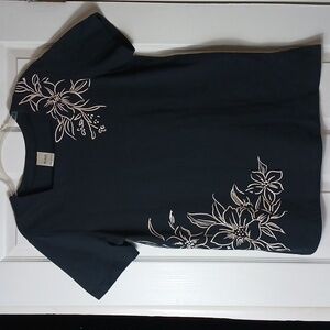 Blair Black Floral Short Sleeve Top Square Neck Line Chic Cotton Blend Size L